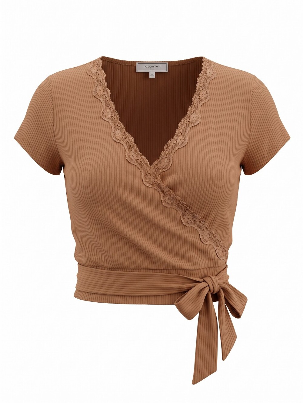 No Comment Ribbed Wrap Crop Top with Lace Trim Apricot Festival Feminine Crop